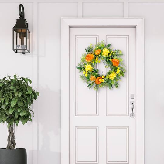 24" Orange & Yellow Spring Peony Floral Wreath